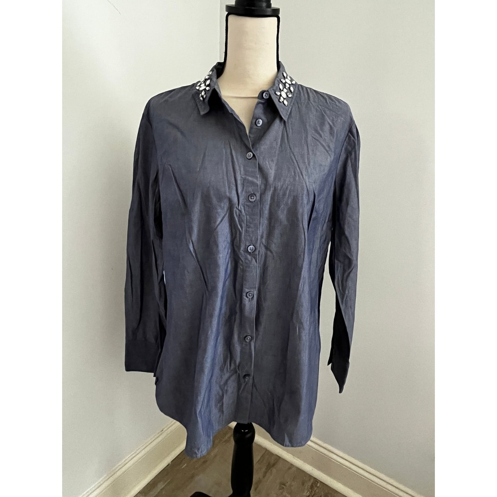 Ann Taylor Button Down Shirt Size 12 Blue Rhinestone Collar Office Chic Preppy